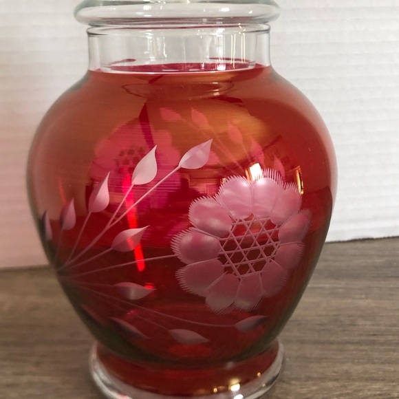 Vtg Hughes Ruby Glass Apothecary Jar with Etched Cornflower Design - Picture 5 of 12